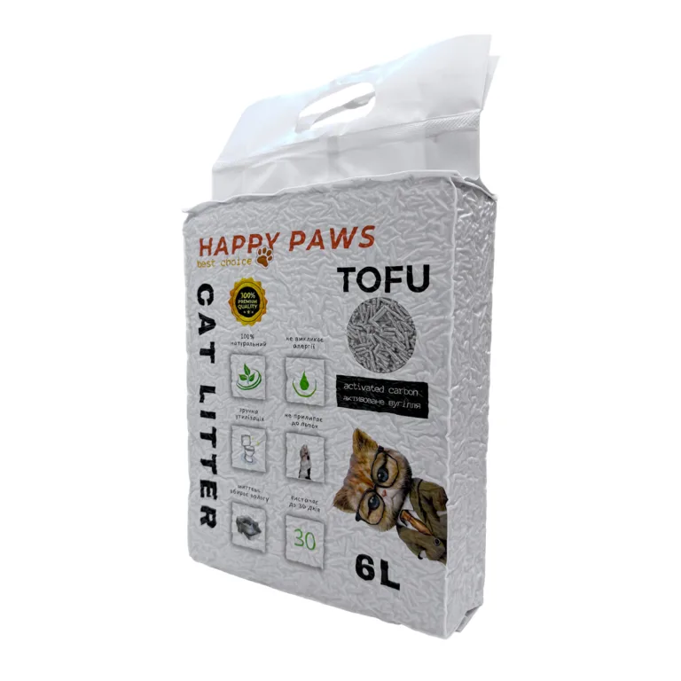 Наповнювач тофу HAPPY PAWS для котячих туалетів з активованим вугіллям, 6 л / 2,6 кг