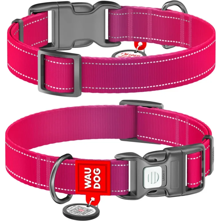 Нашийник для собак Waudog Nylon Mono нейлоновий з QR-паспортом, світловідбивний, пластиковий фастекс, рожевий