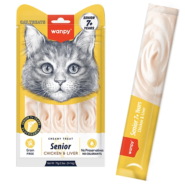 Рідкі ласощі Wanpy Creamy Lickable Treats Senior з куркою та печінкою для літніх котів, 5 стіків по 14 г