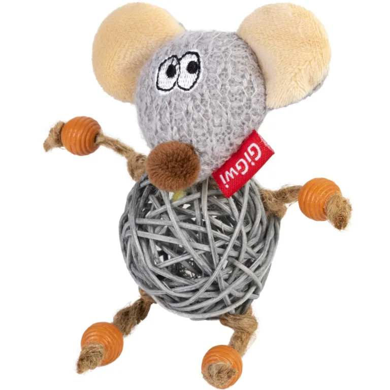 Іграшка для котів Мишка з дзвіночком GiGwi Catch&Scratch, текстиль, мотузка, ротанг, 8 см