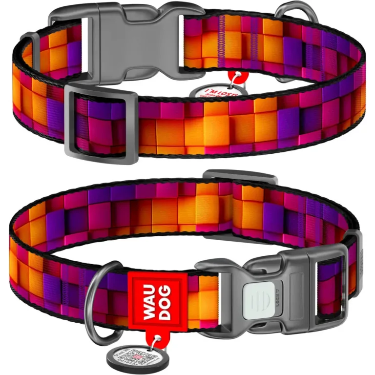 Нашийник для собак нейлоновий WAUDOG Nylon з QR-паспортом, малюнок «Куби 3Д», пластиковий фастекс