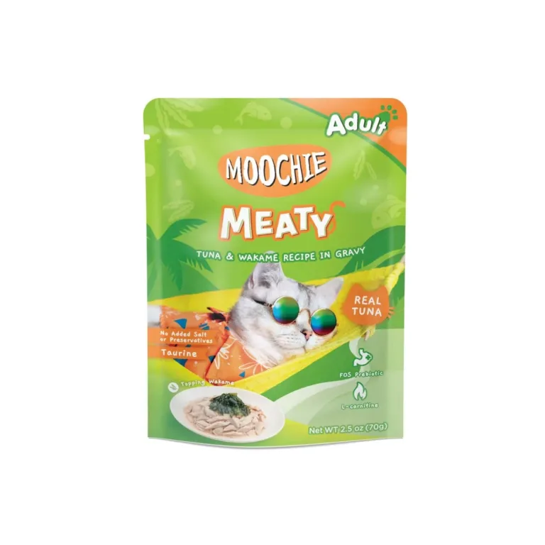 Вологий корм для котів Moochie Meaty з тунцем та водоростями вакаме у підливі 70 г