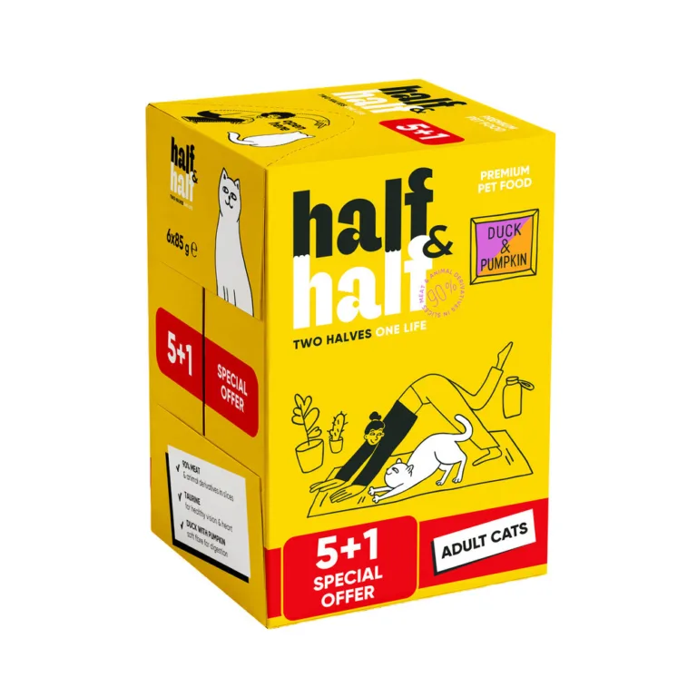Вологий корм для дорослих котів Half&Half з качкою та гарбузом в соусі, набір 5+1 (6 шт х 85 г)