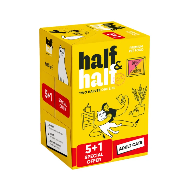 Вологий корм для дорослих котів Half&Half з яловичиною та морквою в желе, набір 5+1 (6 шт х 85 г)