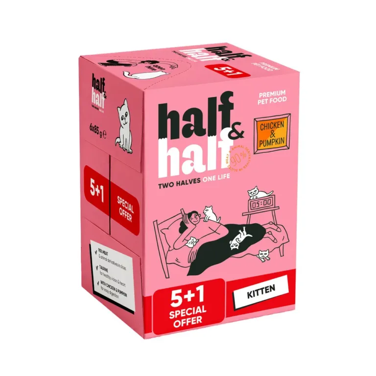 Вологий корм для кошенят Half&Half з куркою та гарбузом в соусі, набір 5+1 (6 шт х 85 г)