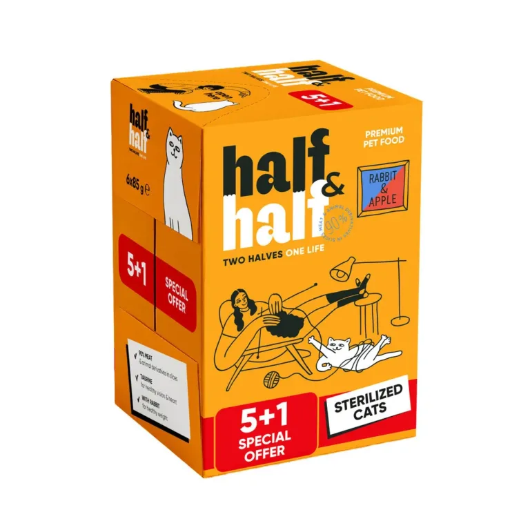 Вологий корм для стерилізованих котів Half&Half з кроликом та яблуком в желе, набір 5+1 (6 шт х 85 г)