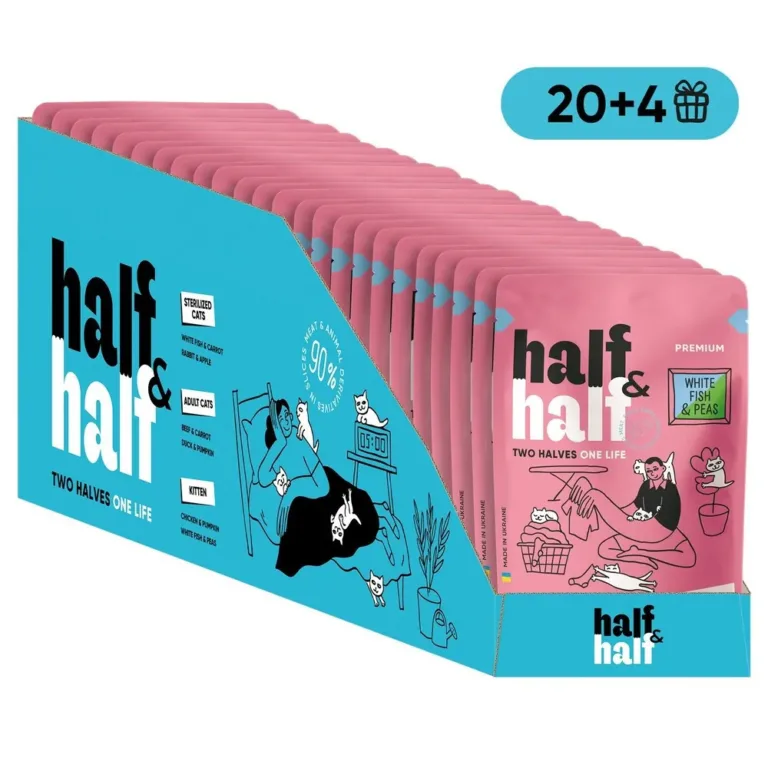 Вологий корм для кошенят Half&Half з білою рибою та горохом в желе, набір 20+4 шт х 85 г