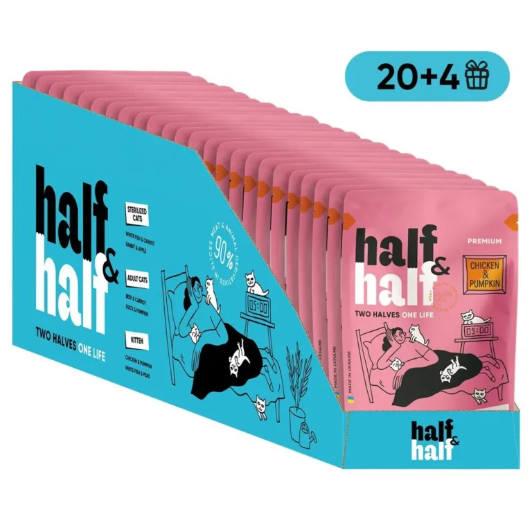 Вологий корм для кошенят Half&Half з куркою та гарбузом в соусі, набір 20+4 шт х 85 г