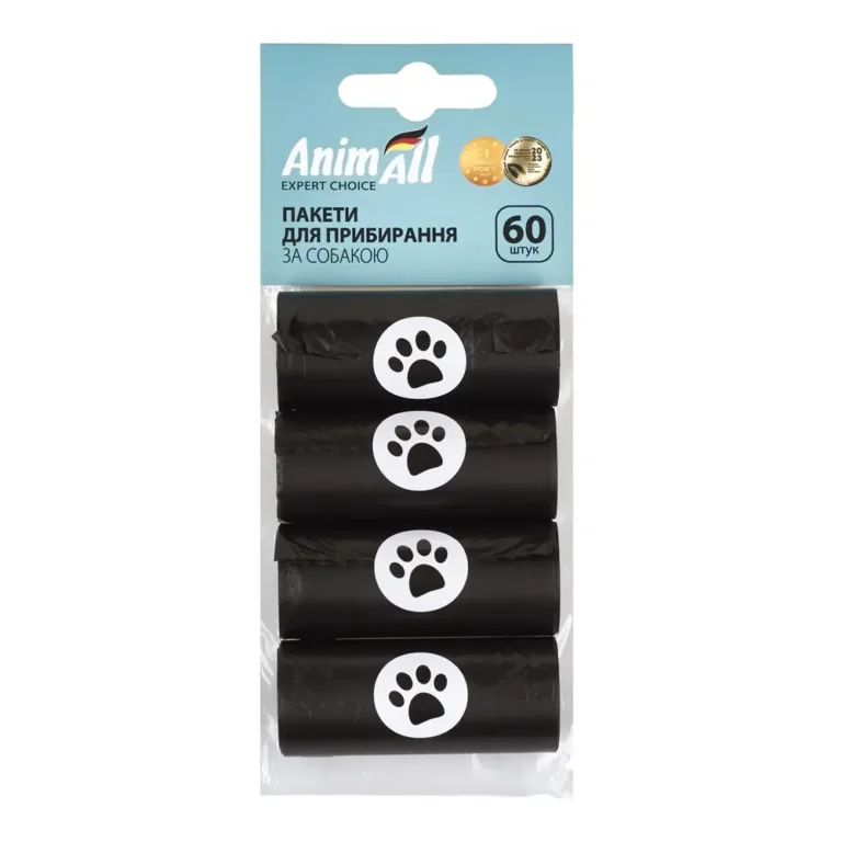 Пакети для прибирання за собаками AnimAll, 4 рулони × 15 шт, чорні