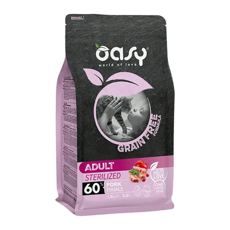 Сухий корм для стерилізованих котів OASY Grain Free Sterilized зі свининою, яблуком та шипшиною