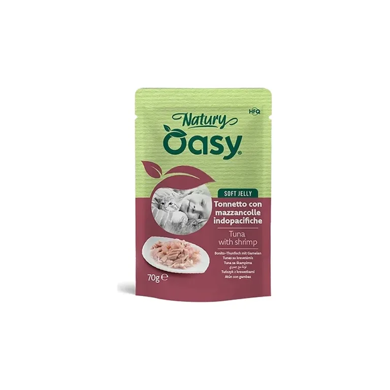 Вологий корм для котів OASY Natury Soft Jelly з тунцем та креветками у желе, пауч 70 г