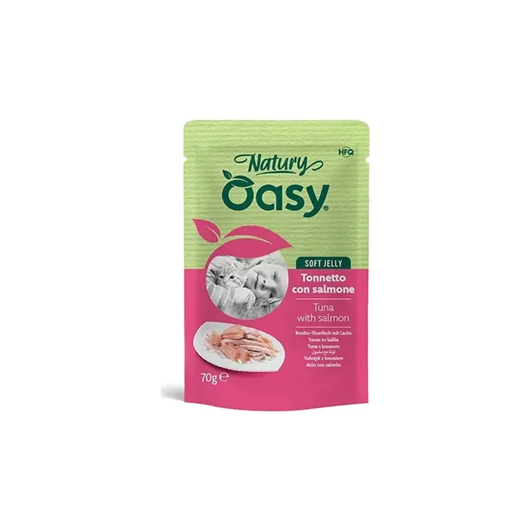 Вологий корм для котів OASY Natury Soft Jelly з тунцем та лососем у желе, пауч 70 г