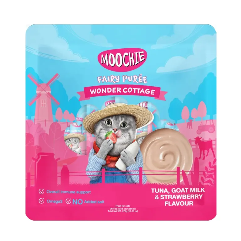 Кремові ласощі для котів Moochie Fairy Puree з тунцем, козячим молоком і полуницею 25х15 г