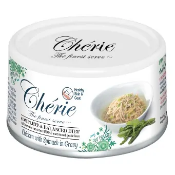 Вологий корм для котів Cherie Complete & Balanced з куркою і шпинатом в соусі, для шкіри та шерсті, 80 г