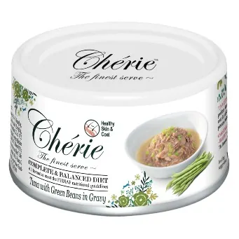 Вологий корм для котів Cherie Complete & Balanced з тунцем і зеленою квасолею в соусі, для шкіри та шерсті, 80 г