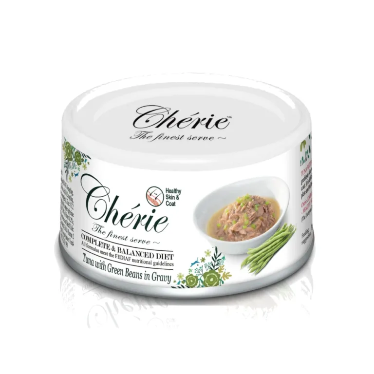 Вологий корм для котів Cherie Complete & Balanced з тунцем і зеленою квасолею в соусі, для шкіри та шерсті, 80 г