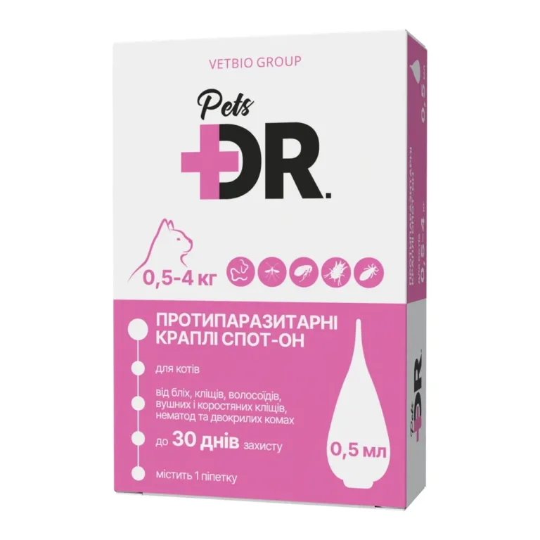 Краплі на холку Dr.Pets Спот-Он від бліх, кліщів і глистів для котів