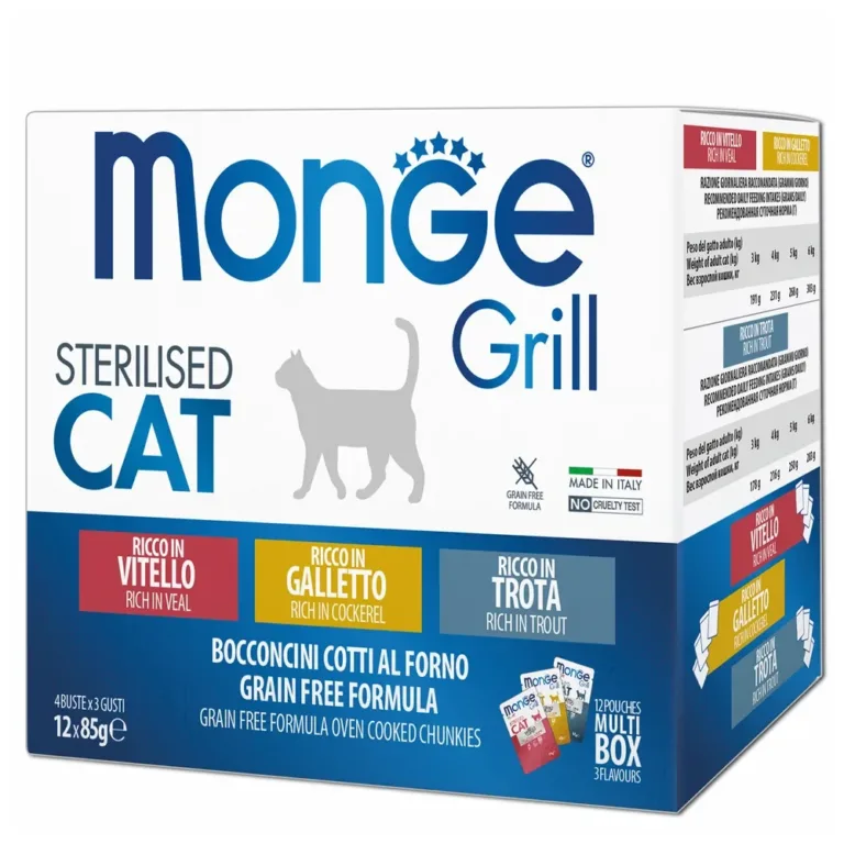 Набір вологих кормів для стерилізованих котів Monge Cat Grill MIX Sterilised (телятина, півник, форель), 12 паучів по 85 г