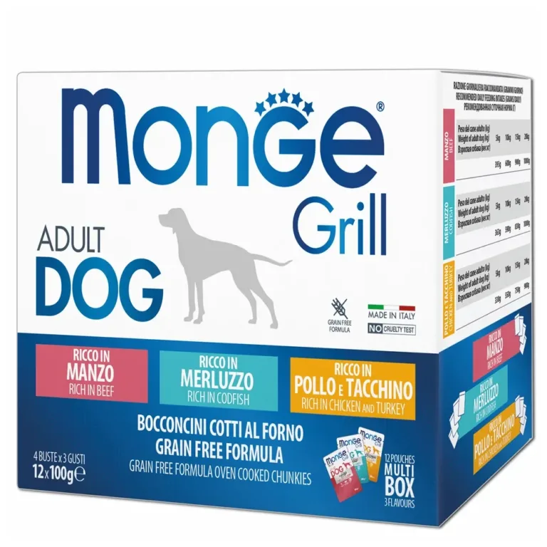 Набір вологих кормів для собак Monge Dog Grill MIX (тріска, курка з індичкою, яловичина), 12 паучів по 100 г