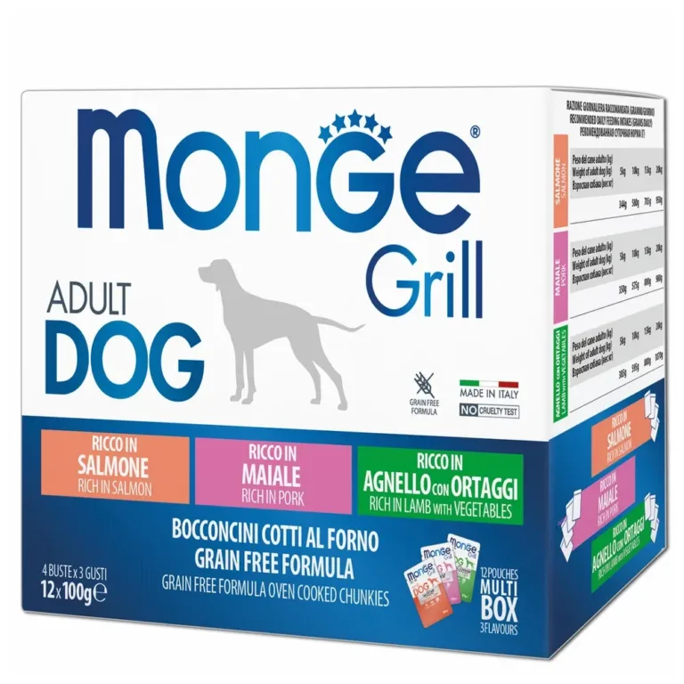 Набір вологих кормів для собак Monge Dog Grill MIX (лосось, свинина, ягня з овочами), 12 паучів по 100 г