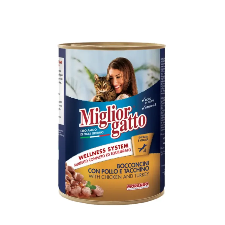 Вологий корм Migliorgatto для котів, шматочки з куркою та індичкою, 405 г