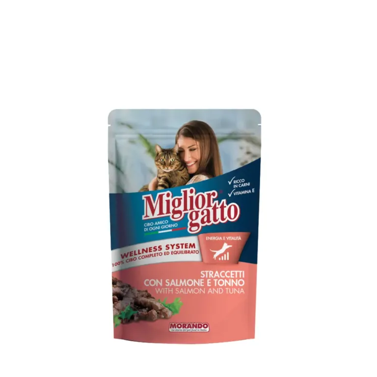 Вологий корм Migliorgatto для котів, смужки з лососем та тунцем, 100 г