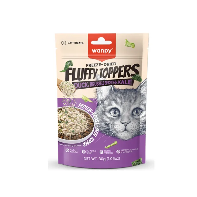 Сублімовані ласощі-топінг Wanpy Fluffy Toppers з качкою, брюссельською капустою та кейлом для котів, 30 г